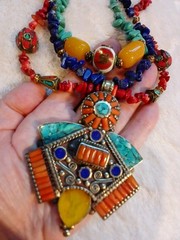 Vtg One-of-a-kind Coral Lapis Turquoise Tibetan Handmade Huge Necklace Pendant