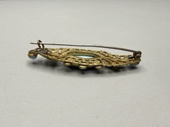 Czech Vintage Turquoise Blue Glass Cabochon Brass Filigree Brooch Pin 2.25”