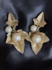 Vintage Ivy Leaves & Faux Pearls Stud Earring Stylized Drop Dangle Earrings