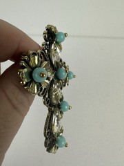 Floral Cross Brooch Gold Tone Turquoise Beads Clear Crystal Rhinestones