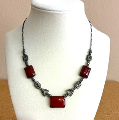 Antique Art Deco Carnelian Glass Sterling Silver & Rhinestones Necklace 16″
