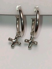 Vintage Signed Sterling Silver Cross Dangle Huggie Hoop Earrings