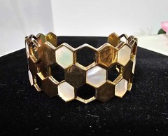 Signed skalli Paris? Cuff bracelet hexagon mother of pearl goldtone thick- READ