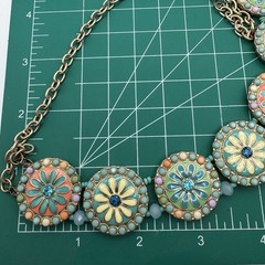 Vintage Boho Hippie Multicolor Enamel Flower Coin Beaded Goldtone Chain Necklace