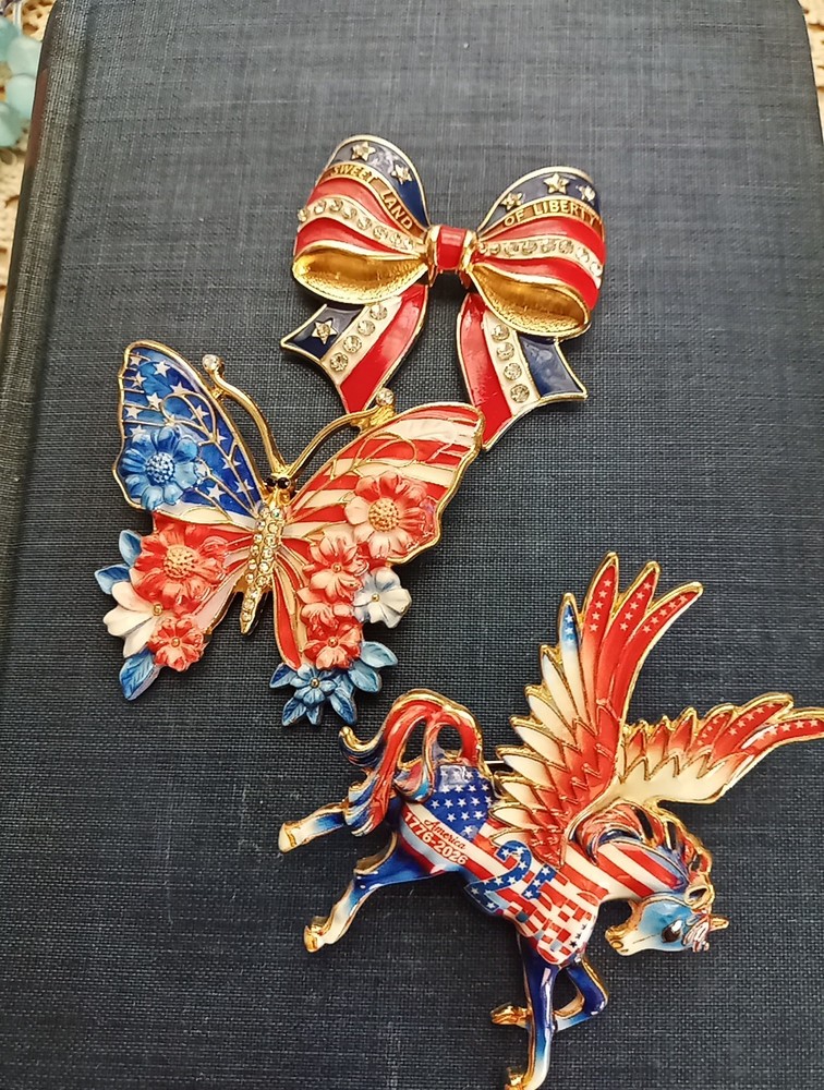 Lot Of 3 July4th USA 250th American Flag Vintage Style Brooch Set Bulk Pin Gift
