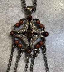 Vintage Style Necklace Dangling Burgundy Beads & Rhinestones Bronze Tone Chain