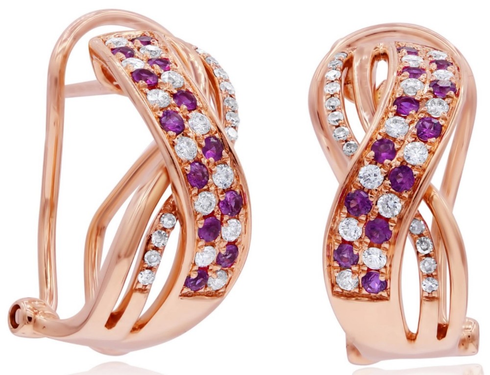 .74CT DIAMOND & AAA PINK SAPPHIRE 14KT ROSE GOLD MULTI ROW CRISS CROSS EARRINGS