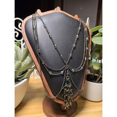 Layered Chain Necklace with Iridescent Beads and Tassel Charm