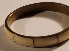 Vintage Brass Bangle Bracelet Bone Ivory Color Inlay