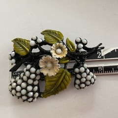 Vintage Hollycraft Milk Glass Rhinestone PEAR FRUIT Enameled Jappaned Brooch