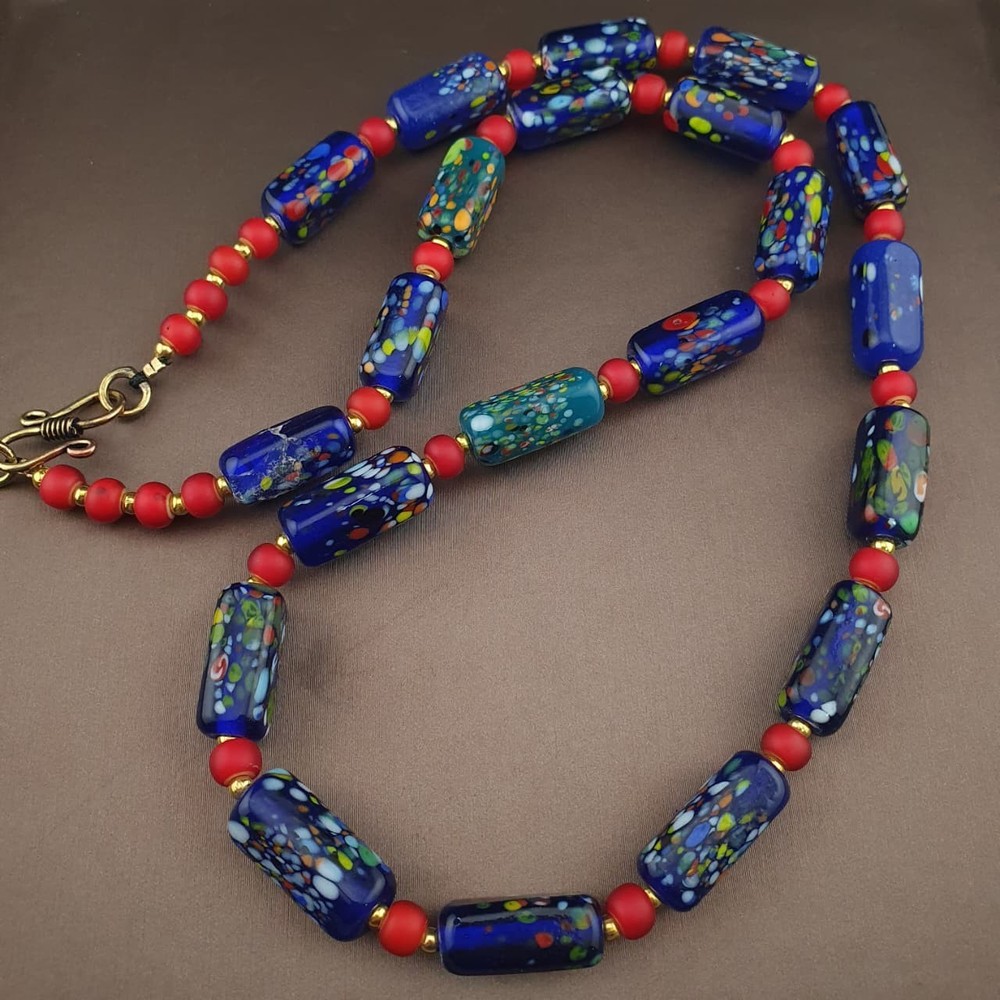 Vintage Venetian Midnight Mosaic Trade Glass Bead Necklace 24in 6.2–20.1mm