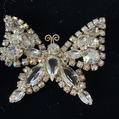 Signed Kramer Rhinestone Butterfly Brooch Clear & AB Gold Tone Vintage 1950s