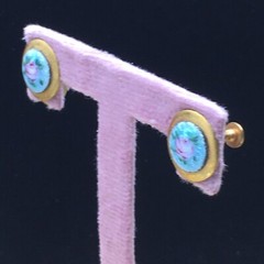 Guilloche Floral Earrings Gold Tone Teal Blue Pink Rose Painted Screw Back .5″