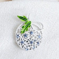 Vintage White and Green Enamel and Light Blue Rhinestone Floral Brooch