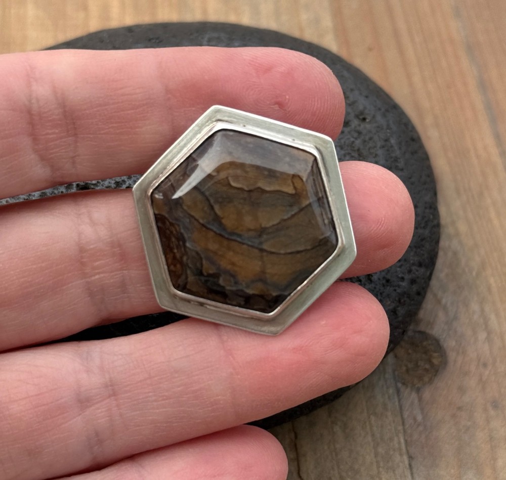 Biggs Descutes Picture Jasper Sterling Artisan Brooch Hexagon Pin