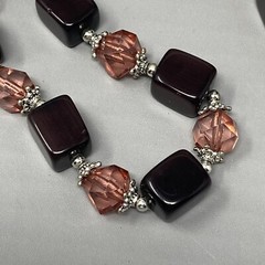 Glass Bead Necklace Mauve Square Cube Acrylic Faceted Spacer Silver Tone Caps 21