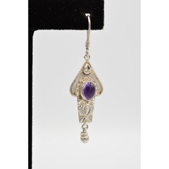 Vintage 925 Sterling Silver Dangle Drop Earrings Purple Cabochon Signed Bin4
