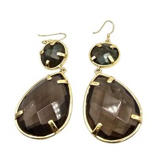 Stone Pierced Earrings Smokey Brown Faceted Light Brown Signed Dangle Teardrop