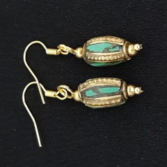 Vintage 2.50ctw Green Turquoise 14K Yellow Gold Silver Dangle Earrings 4.2g