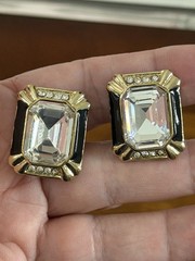 Birch Hill Gold Tone Black Enamel and Crystal Art Deco Clip On Earrings