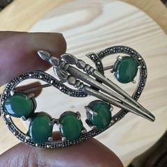 VTG Brooch Pin 2 Inch Jadeite Marcasite Palette Brushes 925 Sterling 11.3g Rare