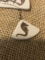 Vintage handmade fossilized looking seahorse pierced earrings and brooch