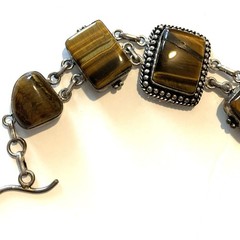 Vintage Polished Tiger’s Eye Silver Tone Bracelet 7” Chunky Statement Piece