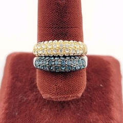 Vtg Ring Set 2pc Sz 7 Teal Clear Cubic Zirconia Stackable 2-tone 18KGE Jewelry 1