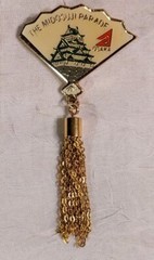 Signed Pinback Japanese Fan Gold Tone Osaka Midosuji Parade Tassels Enamel Vtg