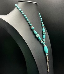 CHINESE TURQUOISE Necklace 70s Tassel Y-Drop 18” Silver Plated Statement #1 EUC