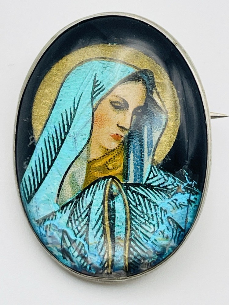 Antique Beautiful Virgin Mary Raised Butterfly Wing Pin Engraved BVM Rare Find