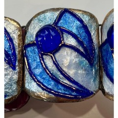 Andrée Bazot Paris Enamel Cuff Bracelet Earrings Blue Poured Glass Demi Parure