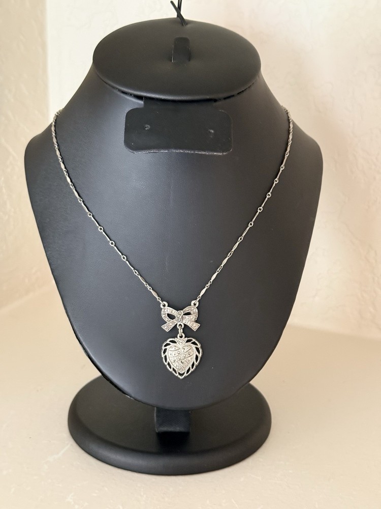 Vintage 1928 Heart And Bow Pendant Necklace Silver Tone Marcasite Accents 17”in