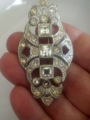 Antique glamorous silver-tone Art Deco brooch pin rhinestone accents C clasp