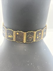 24K Gold- Plated Damascene Panels Bracelet Vintage Japanese 7” W/Safety Chain