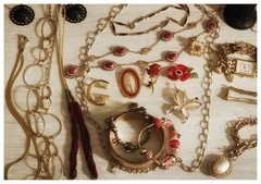 Estate Jewelry Red And Goldtone Mixed Necklace Bracelets Brooches Lot High End