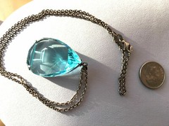 VINTAGE JAPAN MOUNT FUJI AQUAMARINE COLOR ETCHED CRYSTAL GLASS STERLING NECKLACE