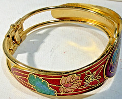 Cloisonne Enamel Bracelet Hinged Bangle Push-in Clasp Floral on Black