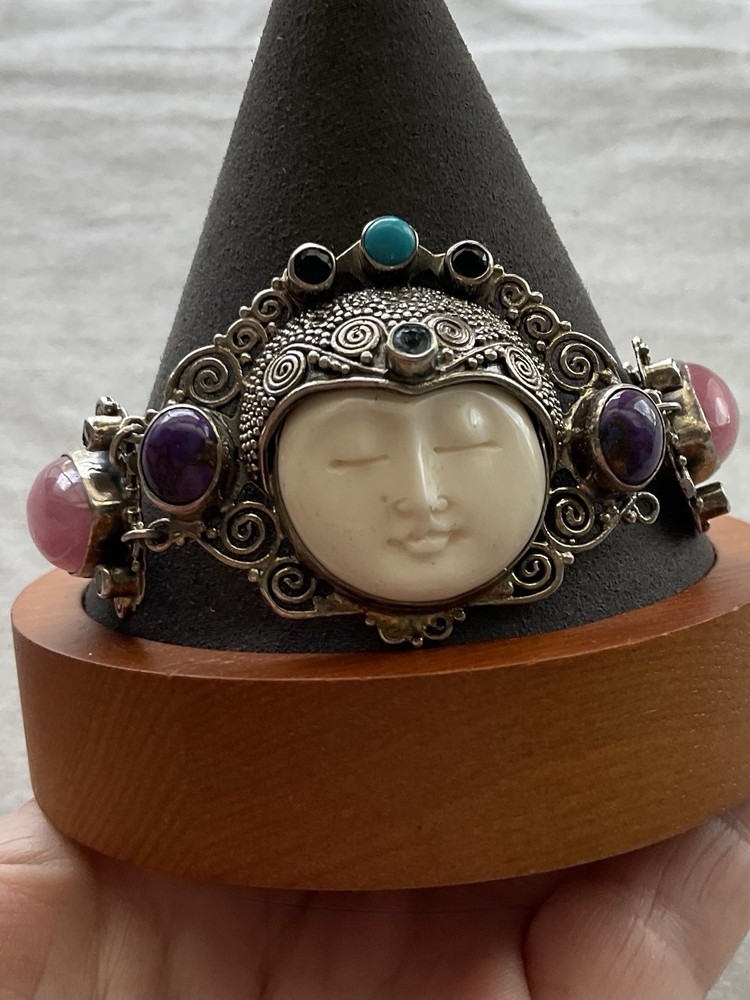 Vintage 925 Sterling Silver Multi Gemstone Goddess Toggle Bracelet Estate Jewelr