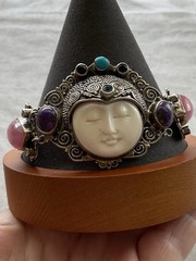 Vintage 925 Sterling Silver Multi Gemstone Goddess Toggle Bracelet Estate Jewelr
