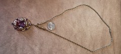 Vintage Signed W Germany Ornate Filigree Pendant Necklace Purple Glass Pearl