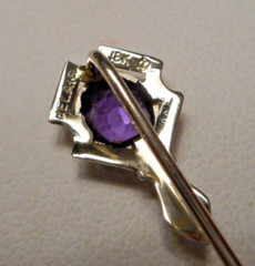 Antique Signed Belais Art Deco 18K White Gold Filigree & Amethyst Stickpin