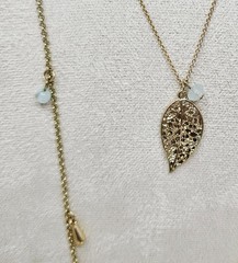 Vintage Gold Toned Layered Leaf Charm Necklace with Mint Beads Boho Style