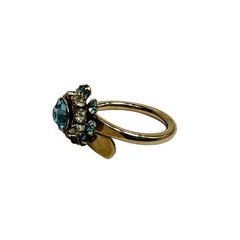 Vintage Cocktail Ring Blue & Clear Rhinestone Gems Gold Tone Bypass Band sz 5.5