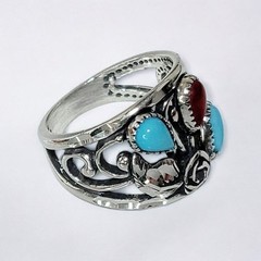 Wheeler MFG Sterling Silver Sleeping Turquoise Coral Diamond Cut Rose Leaf Ring