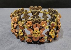 Vintage Enamel Floral Panel stretch brass tone bracelet
