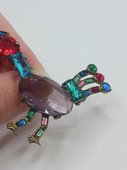 1940s Pot Metal Bird Brooch Rhinestone Figural fruit salad purple glass Vintage