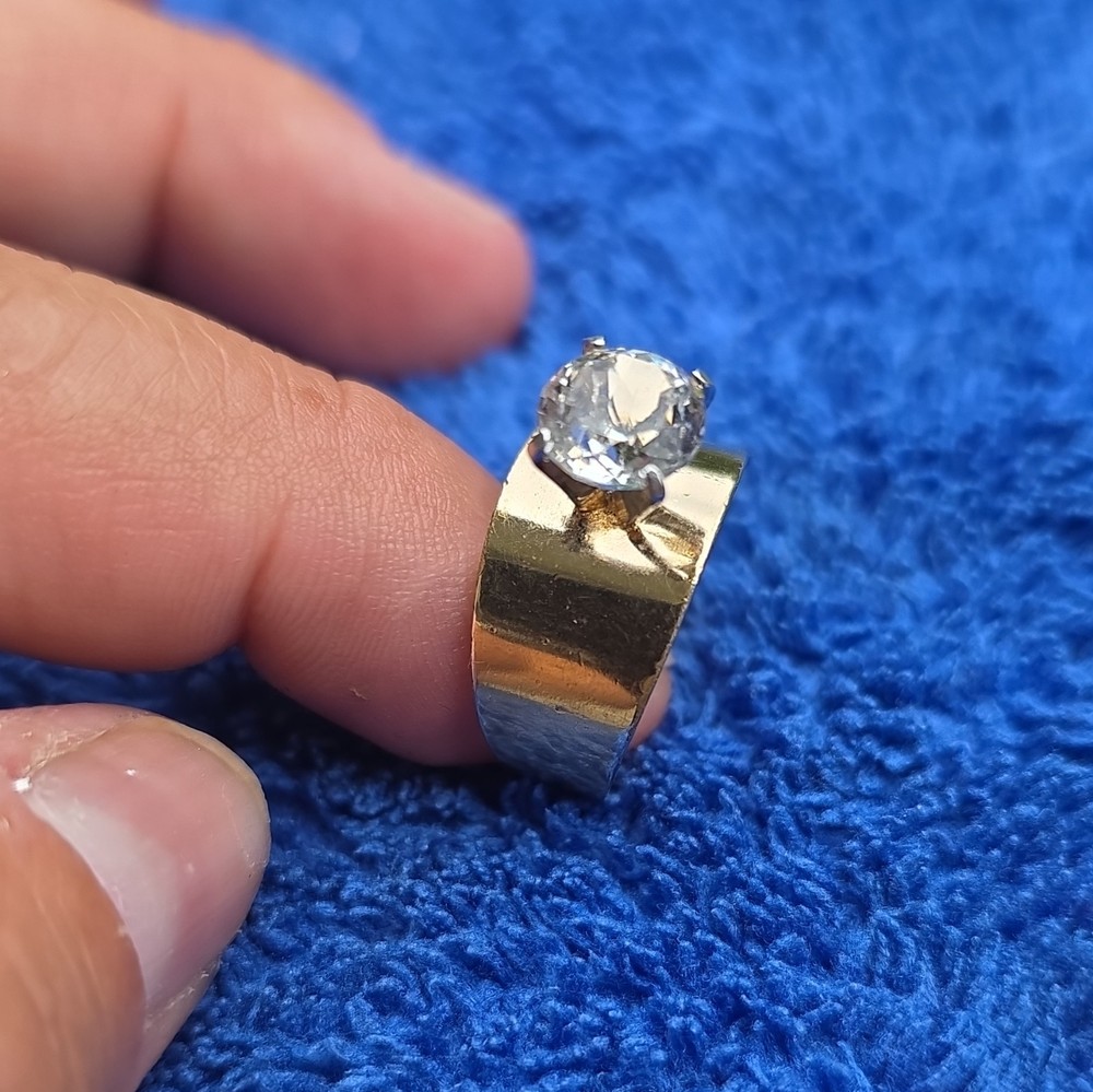 Vintage 14KT HGE Clear CZ Solitaire Wide Band Cocktail Ring