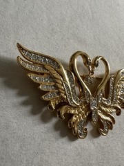 Vintage Nolan Miller Double Swan Brooch Pin Dangle Heart Pave Rhinestones signed