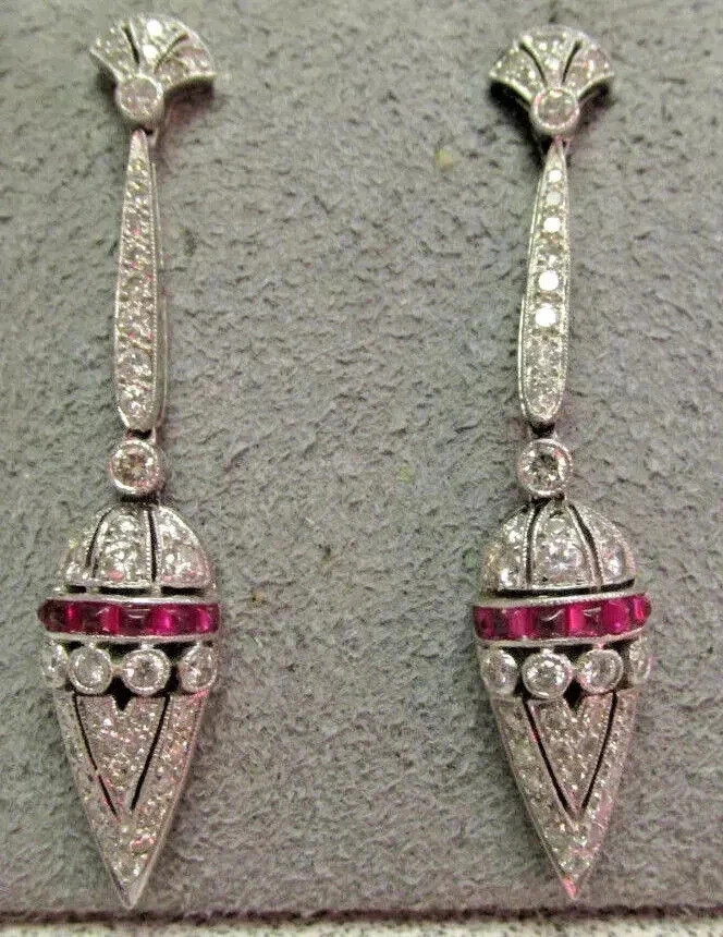 Art Deco Style Lab Created Ruby Diamond Anniversary 14k White Gold FN Earrings
